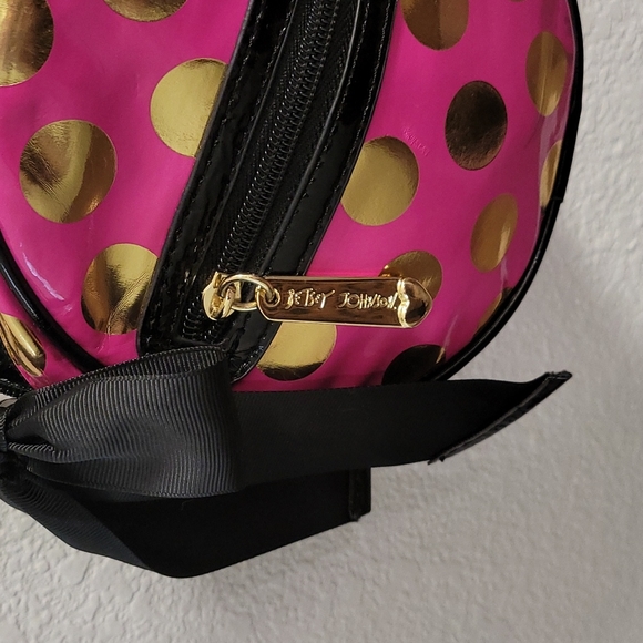 Betsey Johnson Pink Handbag with Gold Polka Dots and Black Bow and Strap - Picture 6 of 12
